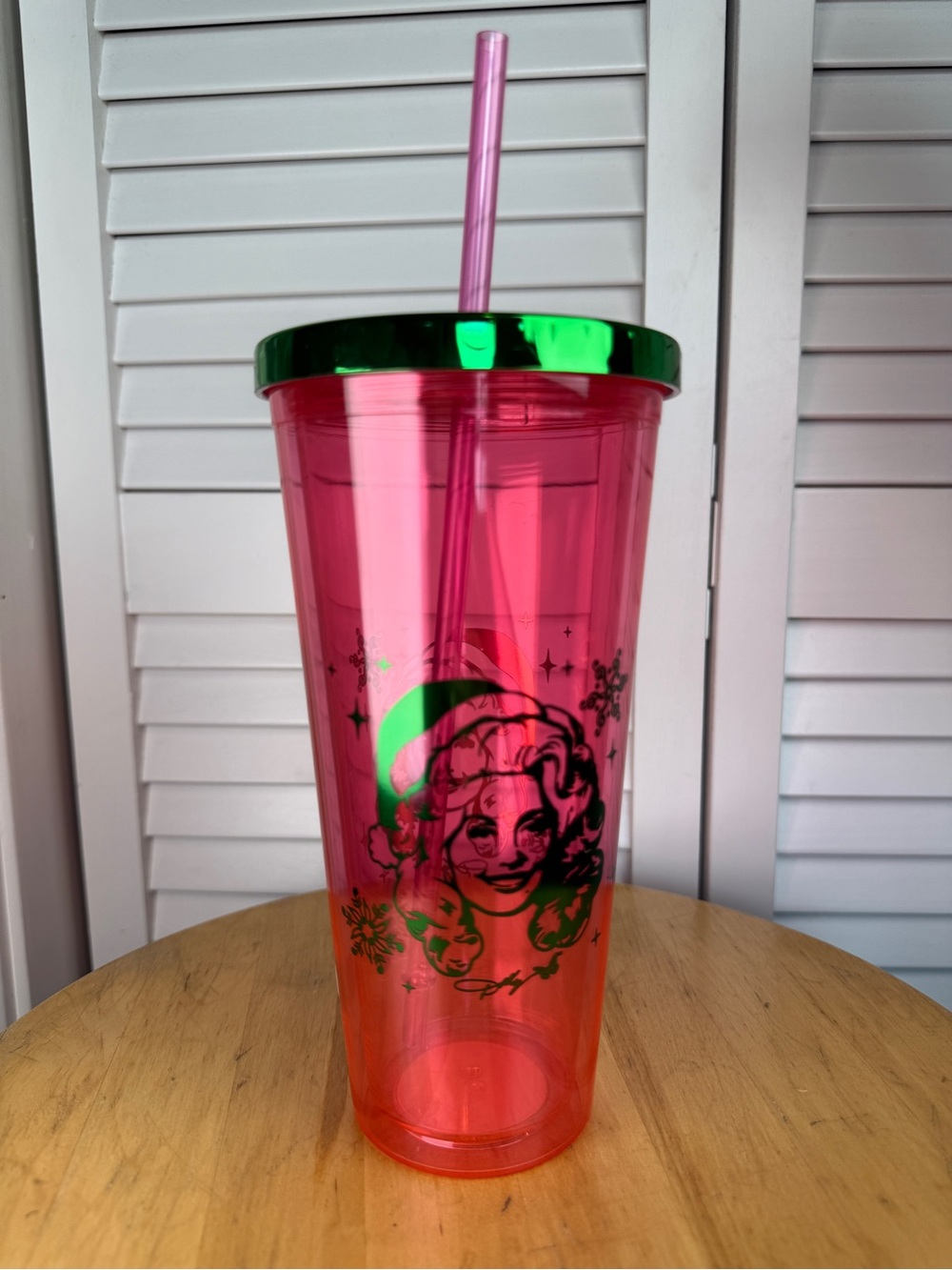 Dolly Parton Holiday Pink Double-Wall Tumbler with Green Lid and pink Straw